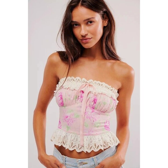 Free People Tops - Free People Dolly Tube Cropped Top Floral Printed Smocked Ruched Lace M 284235